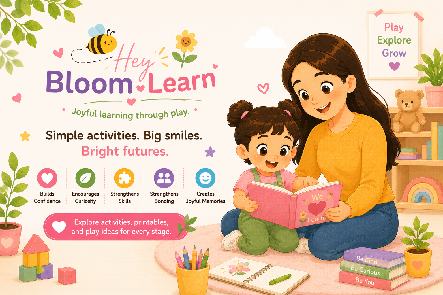 Hey Bloom Learn — joyful learning through play. Simple activities, big smiles, bright futures.